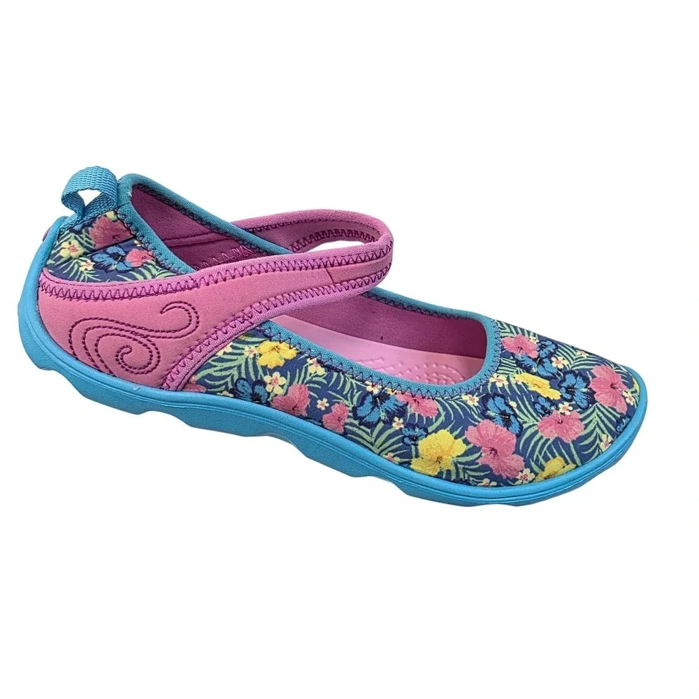 Crocs Mary Jane Flats Girls Floral Print Pink Blue Rubber Shoes Size 13